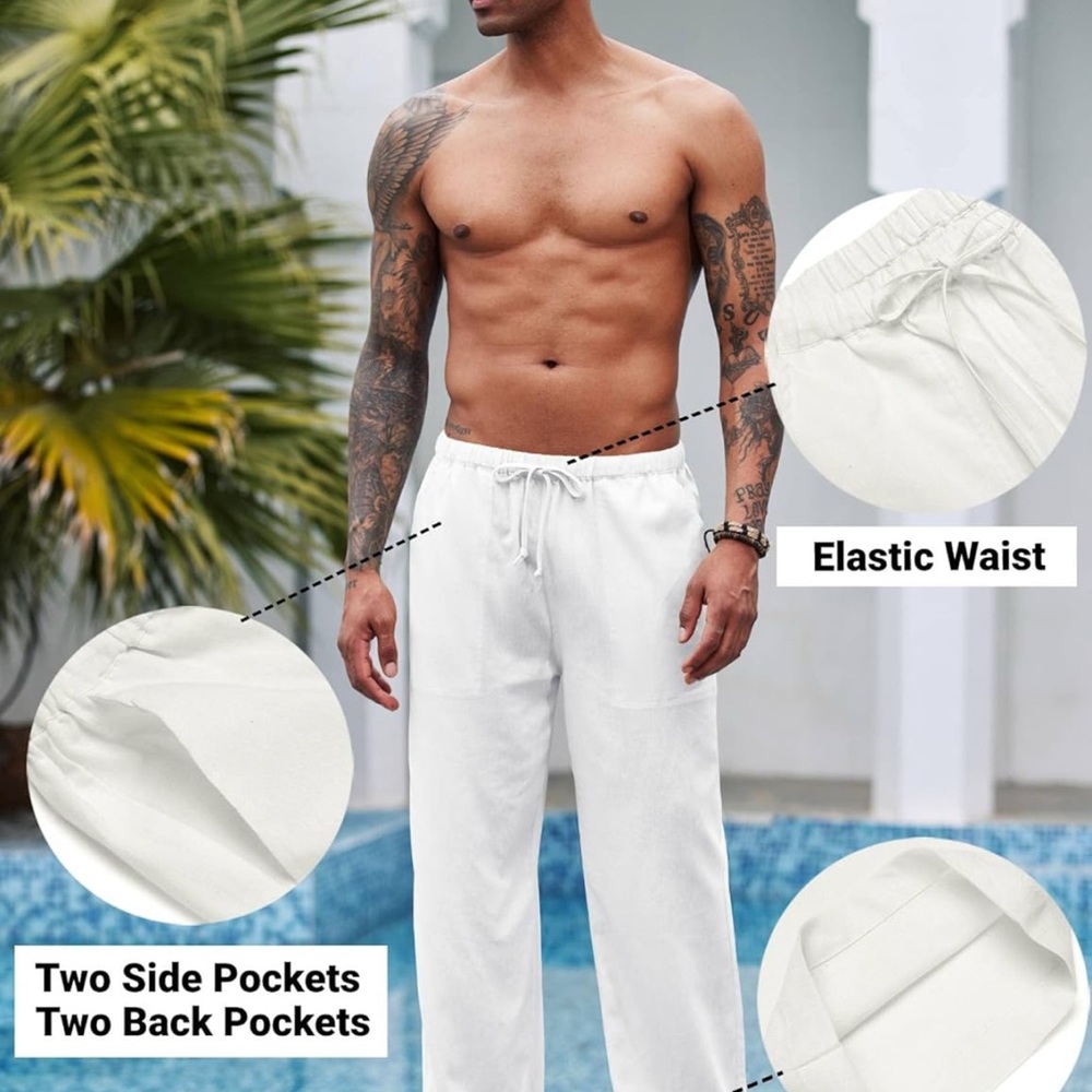 White Drawstring Linen Pants - Picture 3 of 3